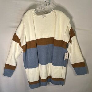 Olivia Sky Striped Cardigan Sweater with Hood and Open front Large NWT